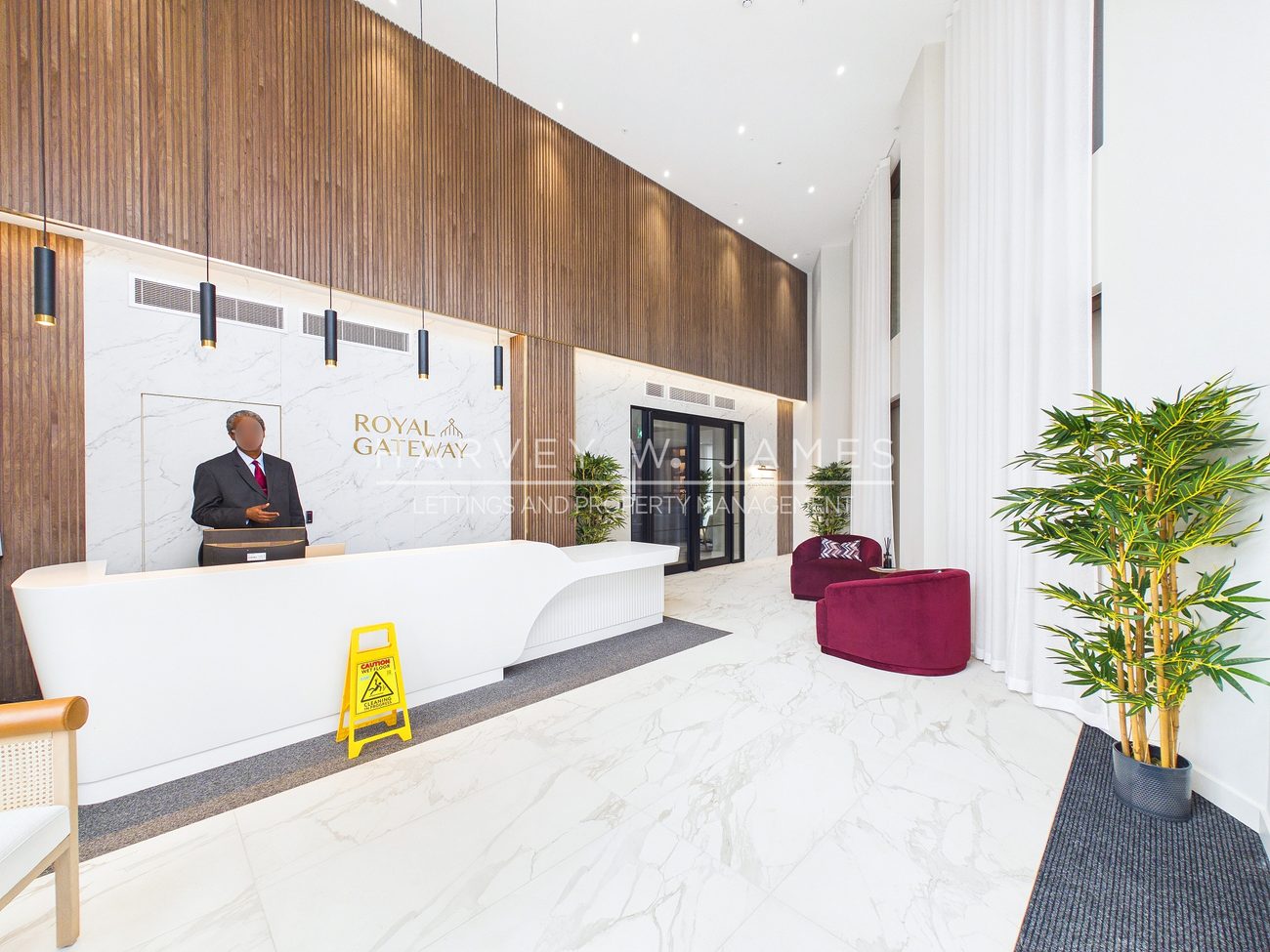 Concierge lobby at the Emerald House development, marketed by Harvey W James