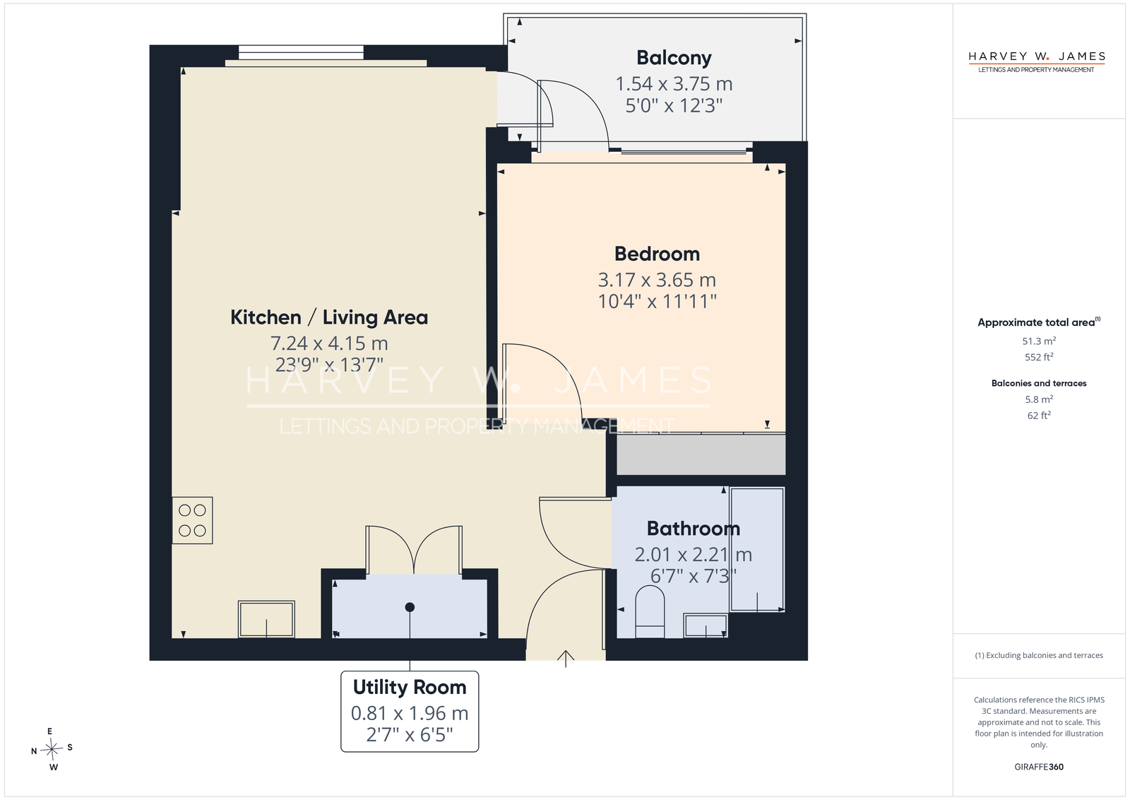 Laser-measured floor plan produced to RICS IPMS 3C standard by Giraffe 360 for a Harvey W James letting