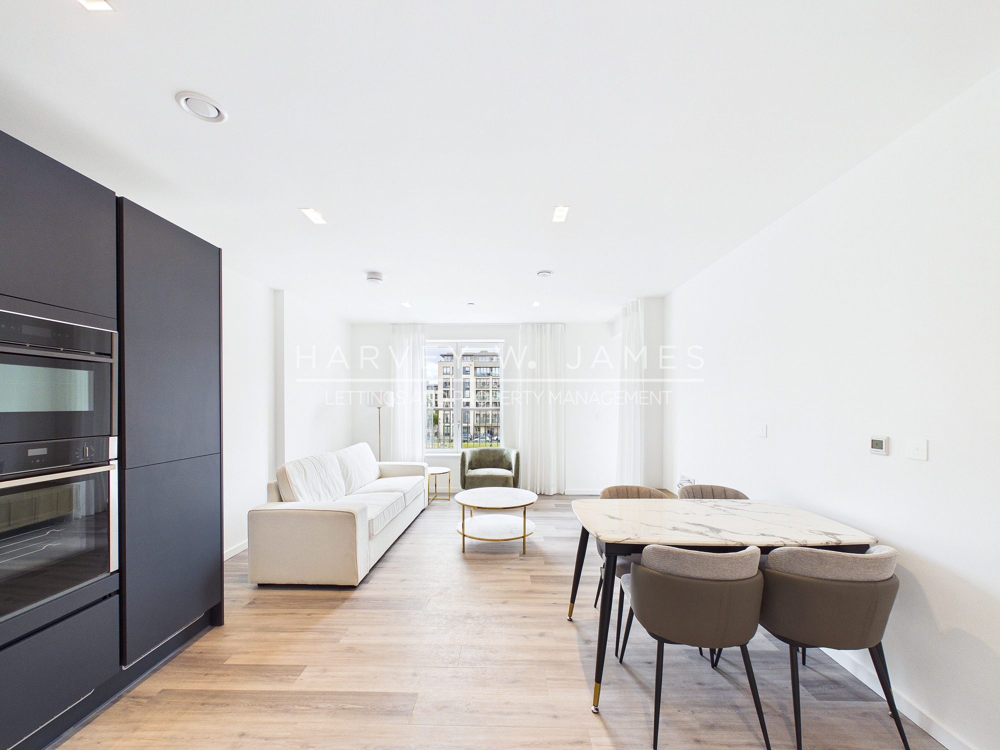 Open-plan living space in a Portobello Square apartment, photographed in HDR by Harvey W James